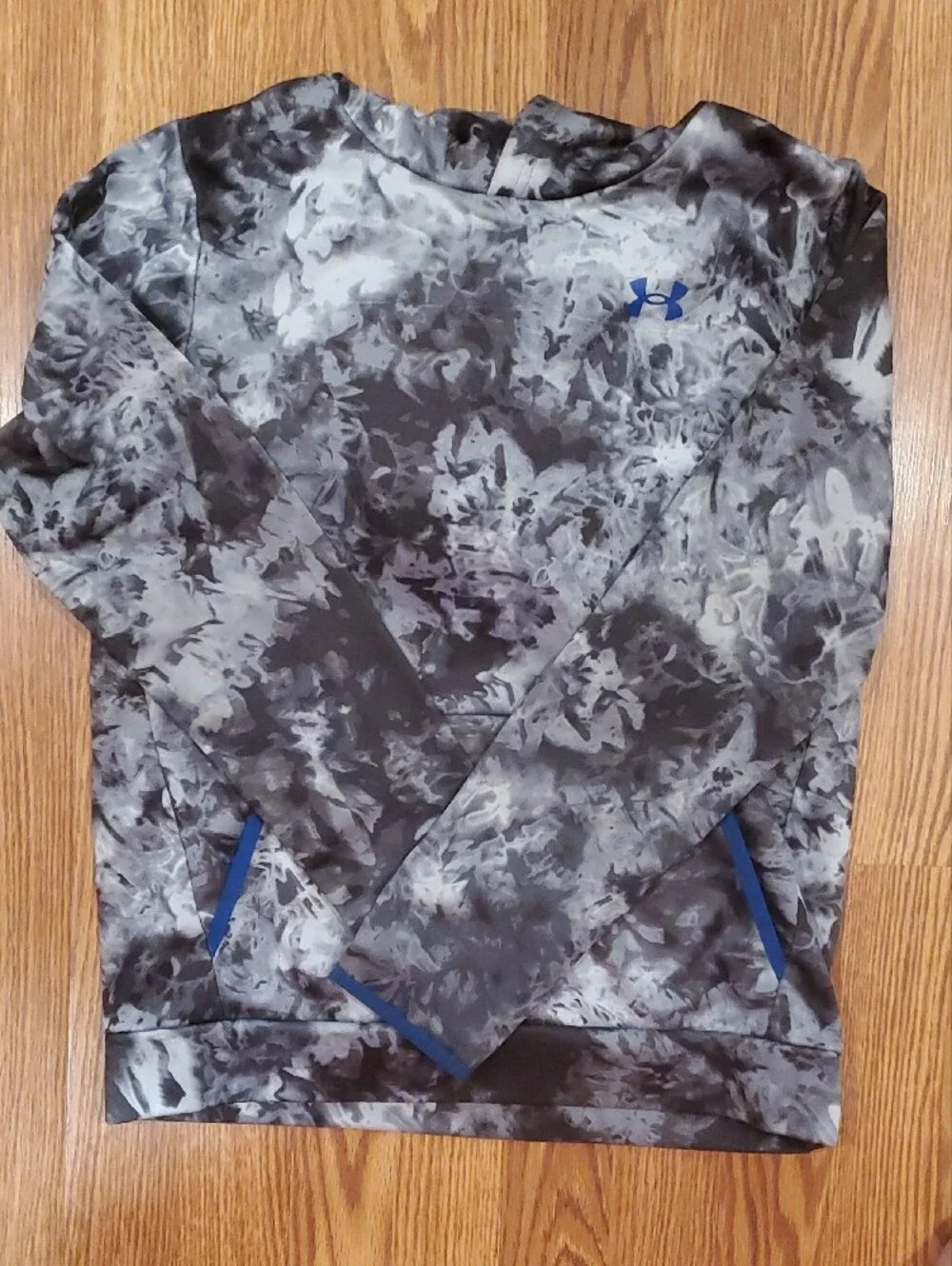 Under Armour Boys Gray And Black Camouflage Hoodie with Blue Accents